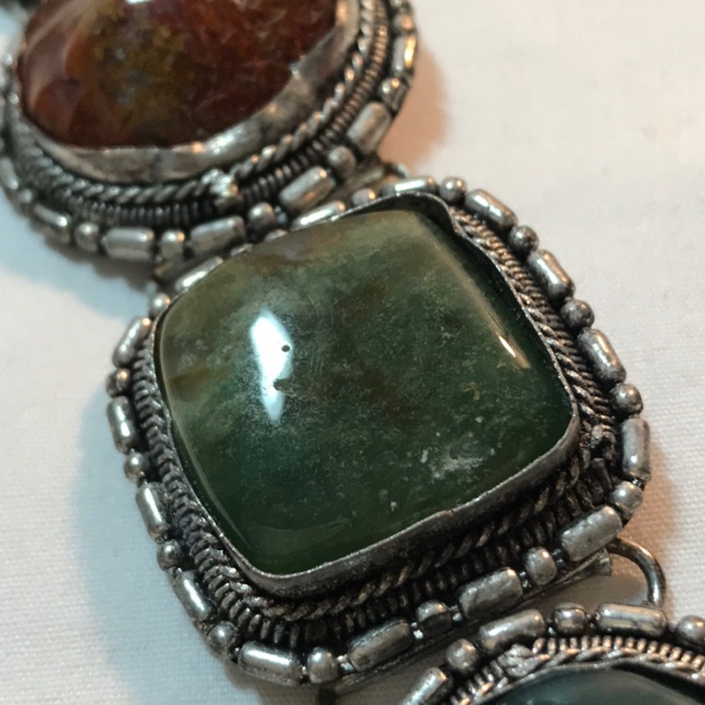 Stone bracelet, India, silver tone, 9 in length, hook clasp